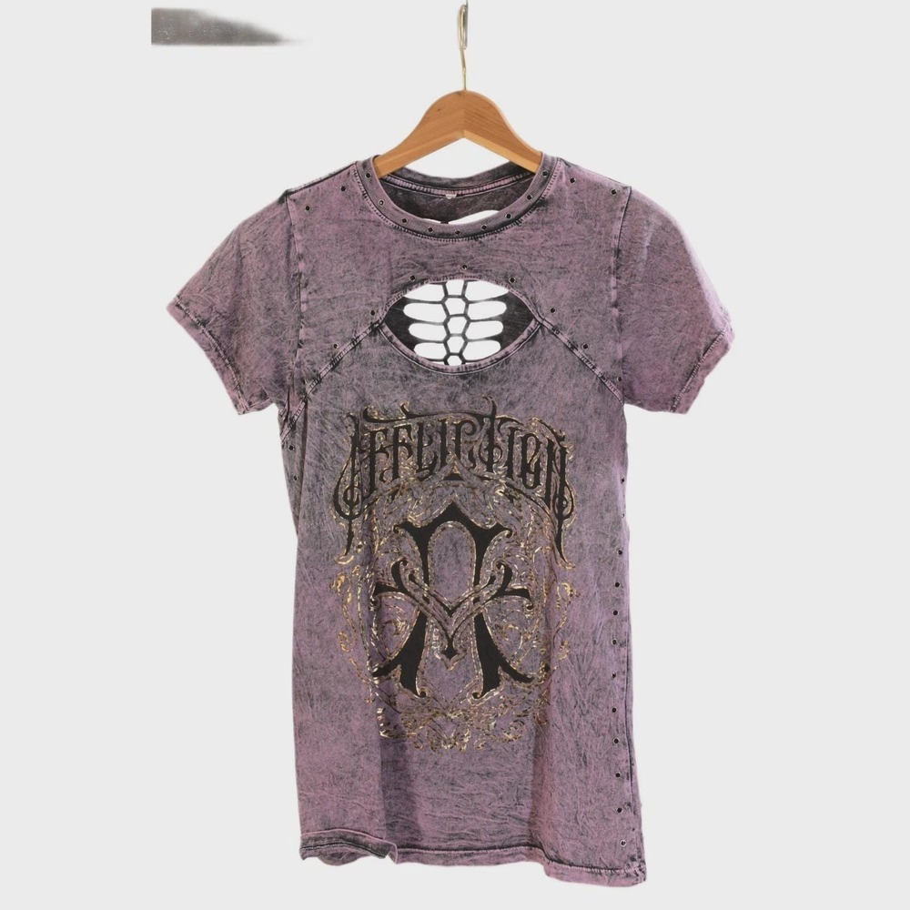 Y2k Affliction T Shirt Womens L Iconic Steel Cut Out Purple Studded Braided - Picture 2 of 8